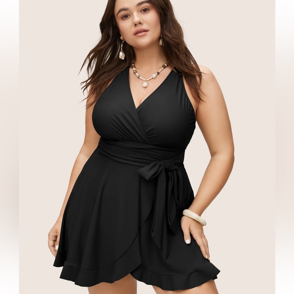 BloomChic Plus Size XL Plain Ties Wrap Flutters Swim Dress us14-16